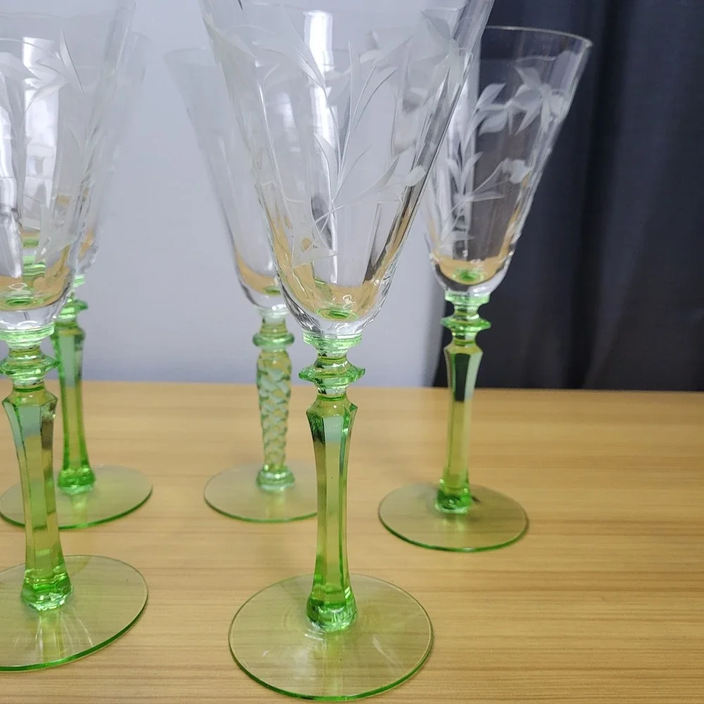 Vintage Uranium Etched Floral Stemware Glass Set of 6 Wine Goblet Optic